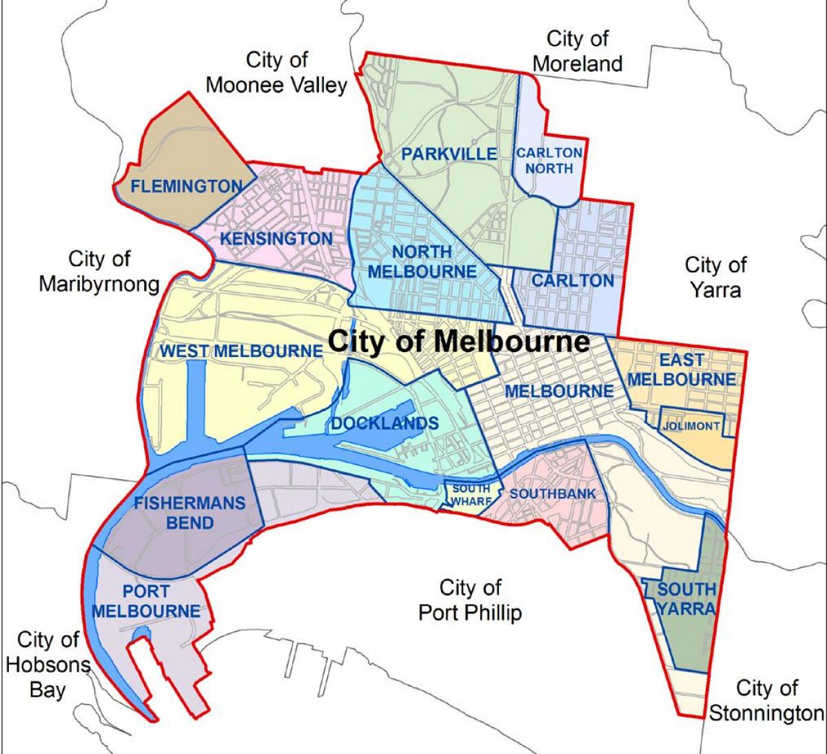 kartta Melbourne ja ympäröivän lähiöissä